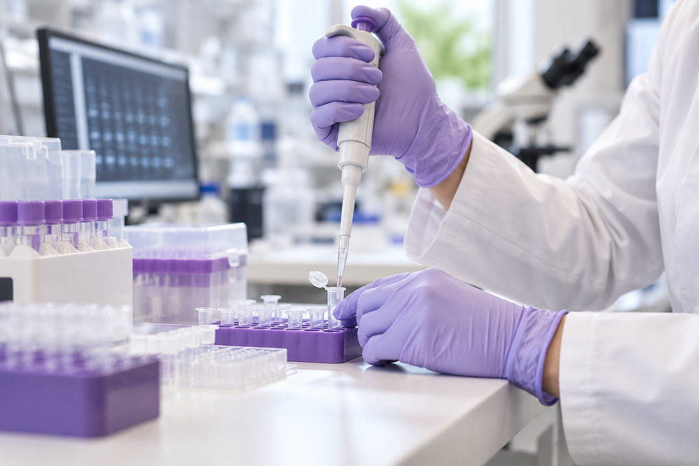 A laboratory professional pipetting a sample