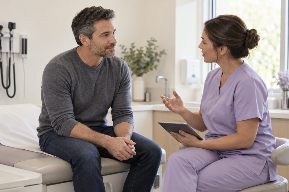 A man speaking with a healthcare professional during a consultation
