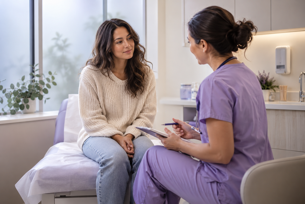A woman speaking with a healthcare professional in a private consultation