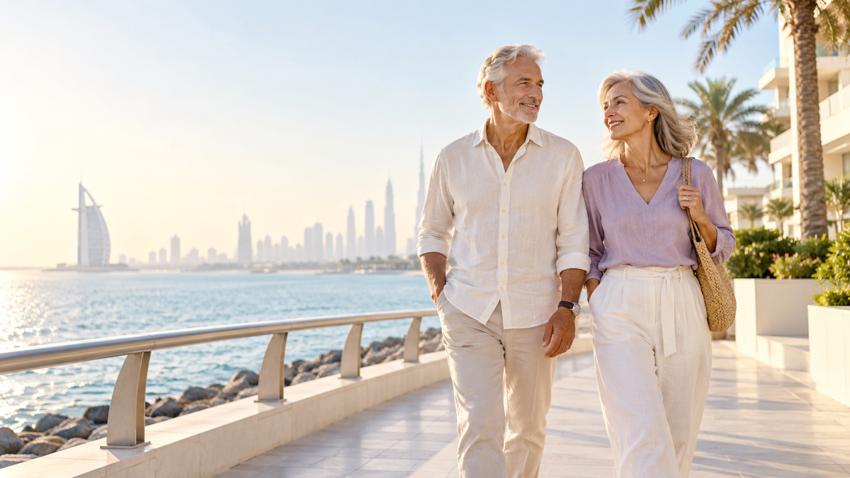 Illustrative image of a mature couple walking beside the Dubai waterfront.