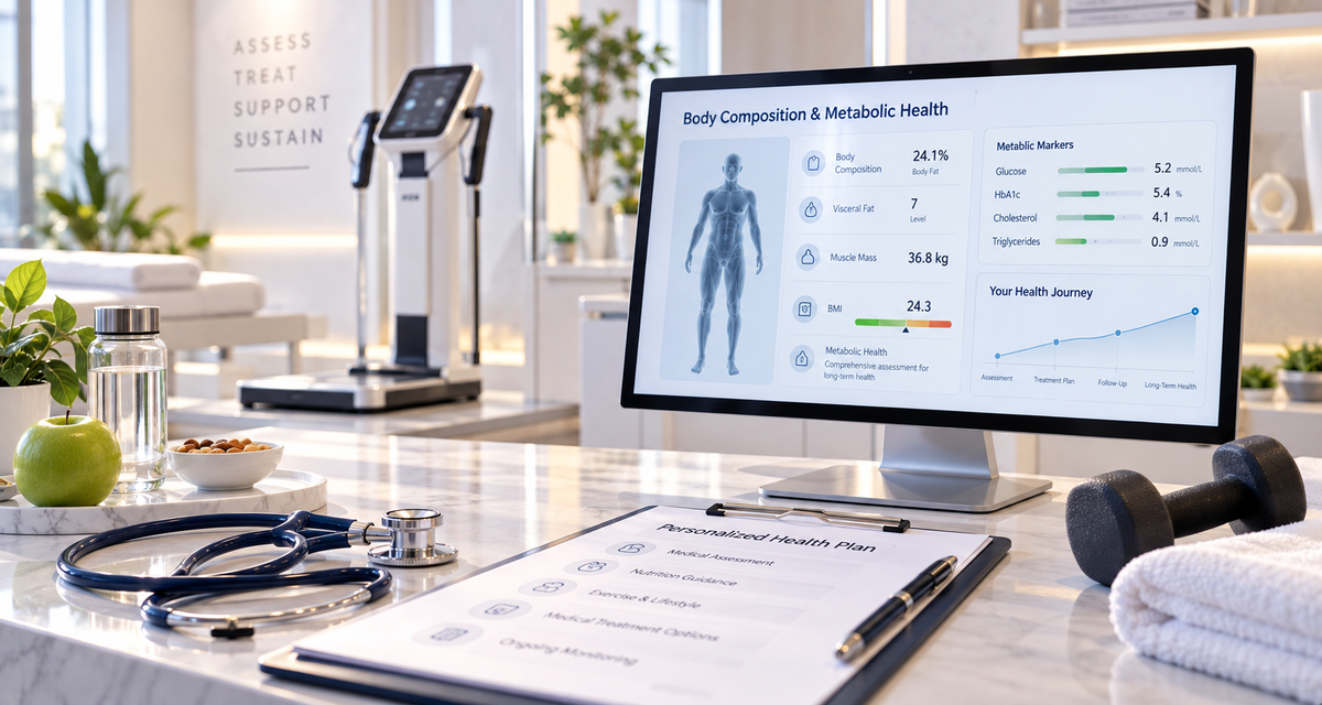 Illustrative metabolic health assessment setting with a body-composition dashboard, measuring equipment and consultation tools