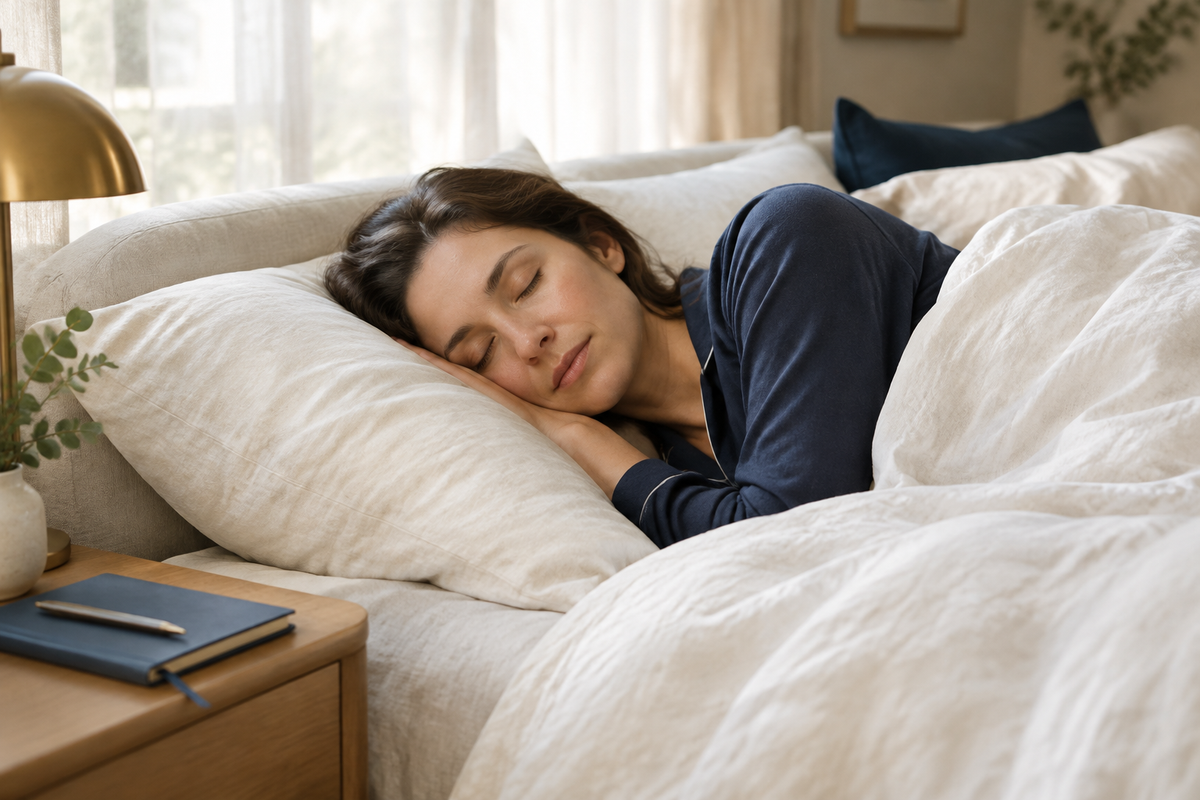 رسم توضيحي لشخص بالغ ينام في غرفة نوم هادئة
