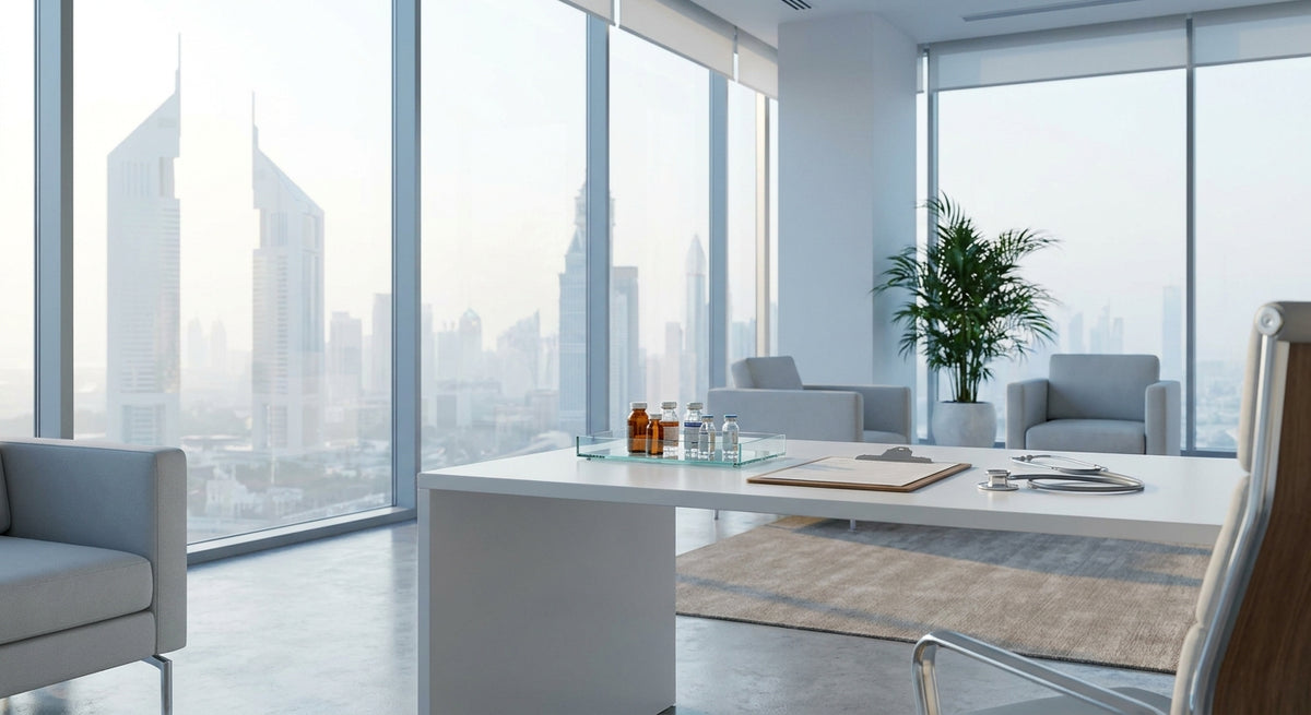 A bright, minimalist medical consultation room with neatly arranged health screening tools on a white desk and the Dubai skyline softly visible through a window in the background.