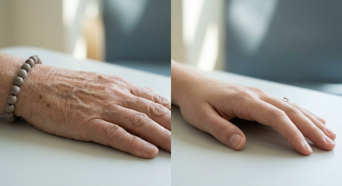 Two hands placed side by side on a clean white surface, one aged and one youthful, lit with soft natural light to illustrate the contrast between biological and chronological aging.