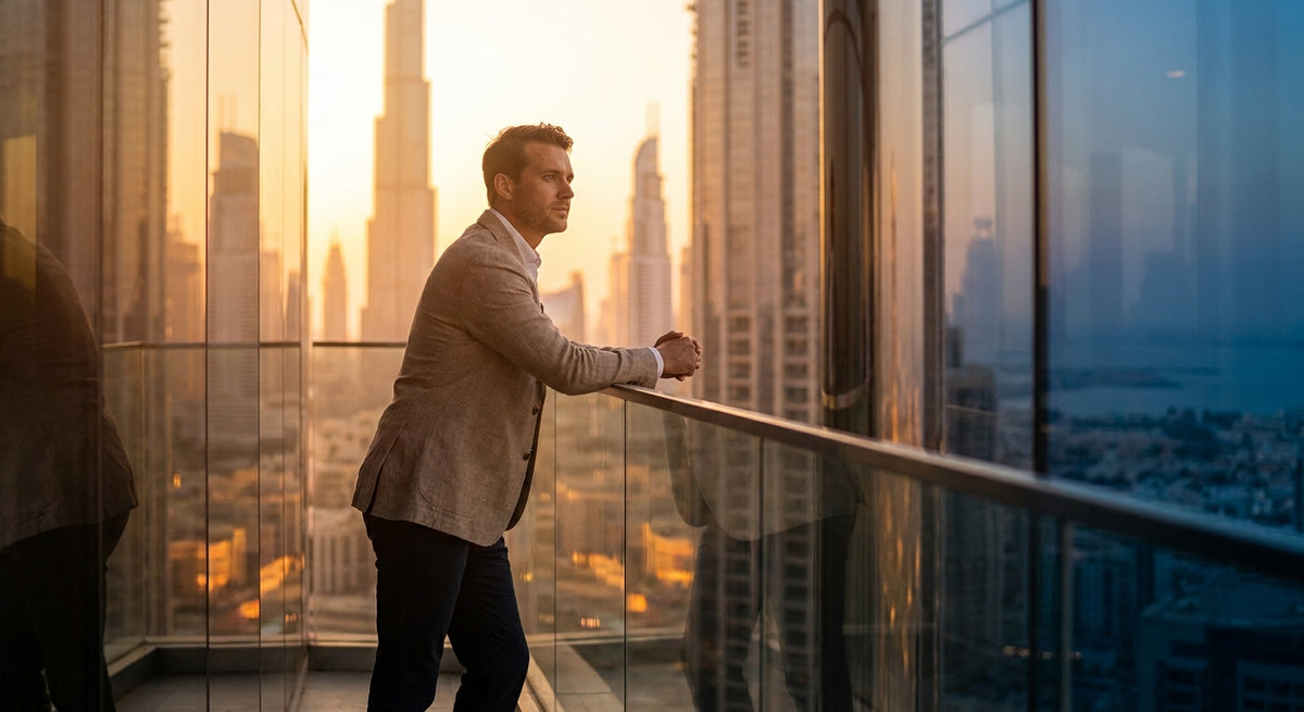 A thoughtful adult standing on a sunlit Dubai terrace overlooking the city skyline, evoking a sense of proactive self-awareness and preventive health consciousness.