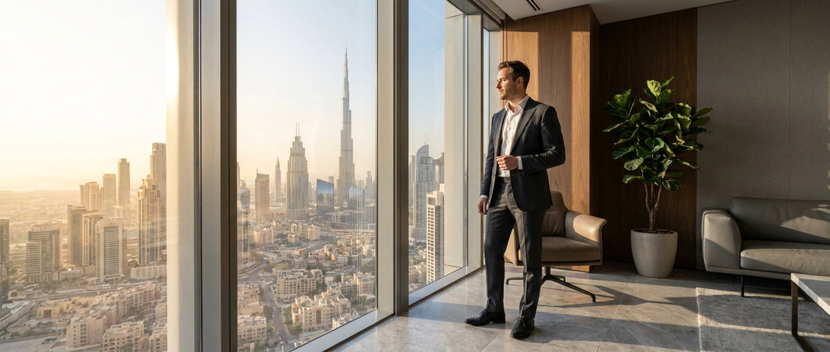 A well-dressed man stands thoughtfully at a glass window overlooking the Dubai skyline in warm morning light, conveying calm confidence and self-awareness.
