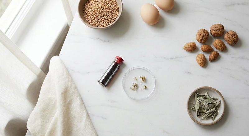 A clinical flat-lay of a blood vial and allergenic foods on a white marble surface, representing food allergy diagnostic testing.