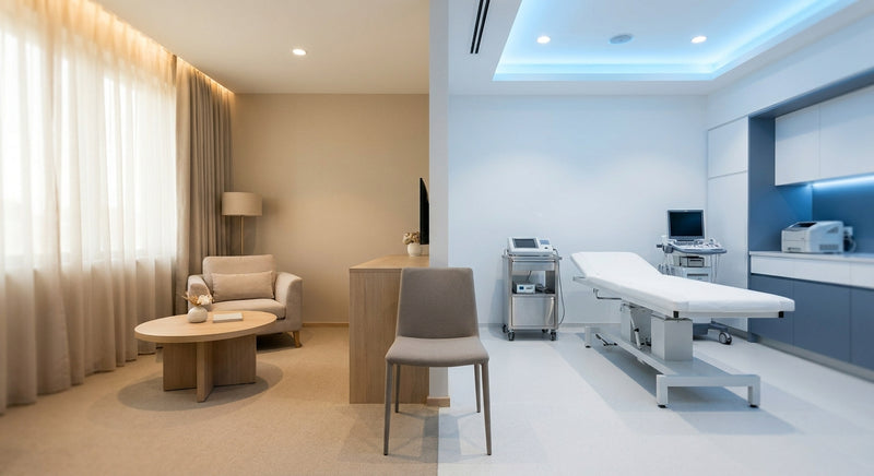 A modern consultation room divided between warm holistic and clinical diagnostic environments, with an empty chair centered between them.