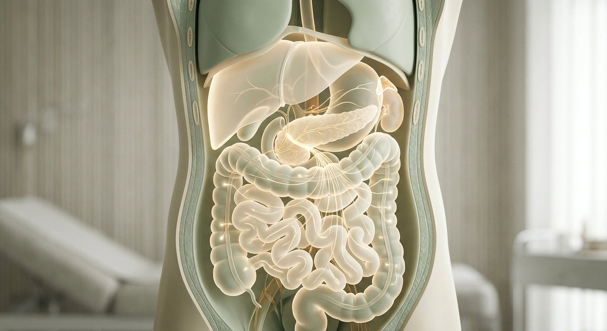 A softly lit editorial anatomical illustration showing glowing neural and hormonal connections flowing through the human gut and surrounding organs against a clean sage and ivory background.