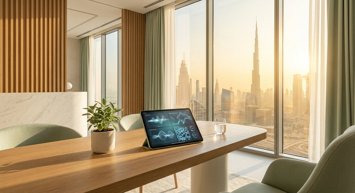 A bright, modern clinic consultation room with biometric data on a tablet, overlooking a sunlit Dubai cityscape, evoking longevity medicine and preventive health.