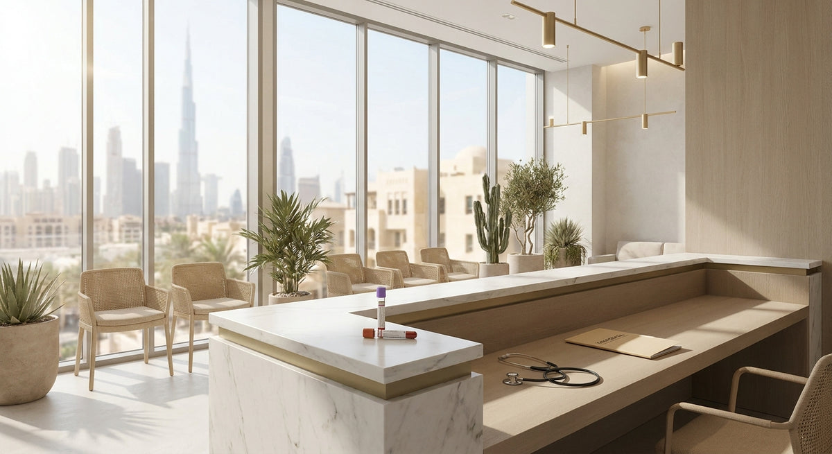 A modern medical clinic interior with a clean desk holding clinical tools and a confidential folder, with a soft Dubai skyline visible through large windows in the background.