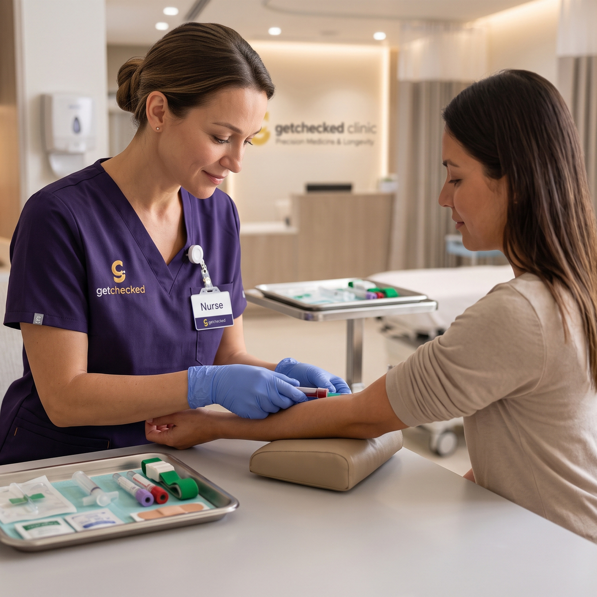 A healthcare provider in purple scrubs and blue gloves draws blood from a patient seated at a clinical exam table in a bright, modern clinic. The GetChecked Clinic logo is visible on the provider's chest and in the background.