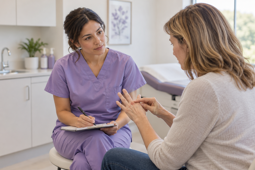 A nurse listening to a patient during a consultation