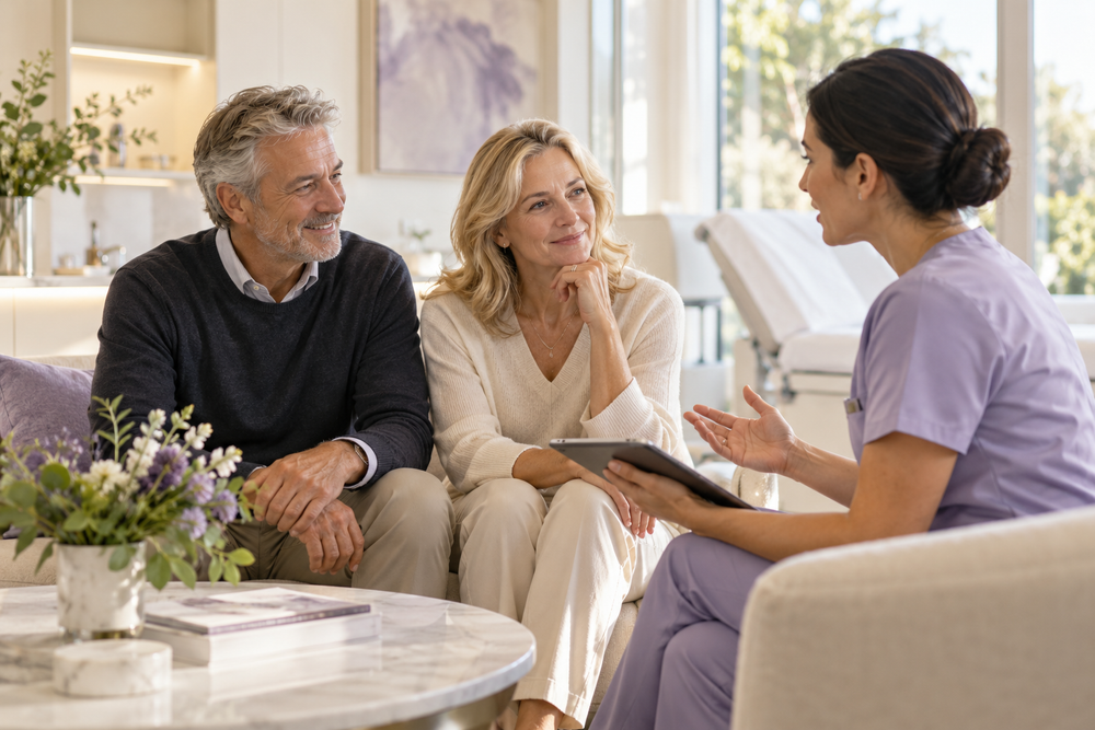 An older couple consulting with a nurse