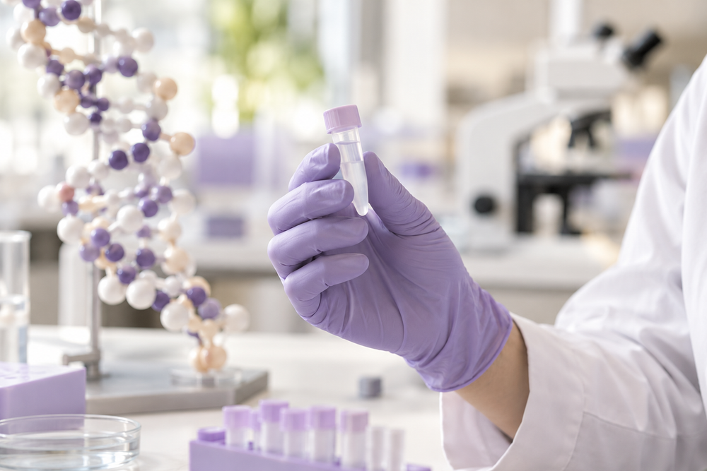 A gloved hand holding a sample beside a molecular model