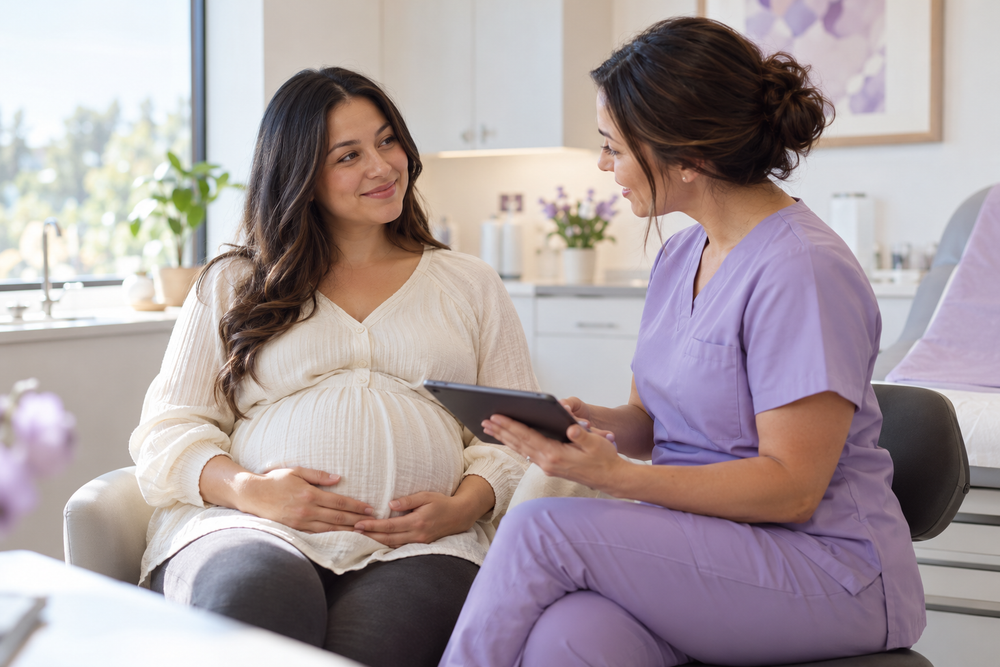A pregnant woman consulting with a healthcare professional