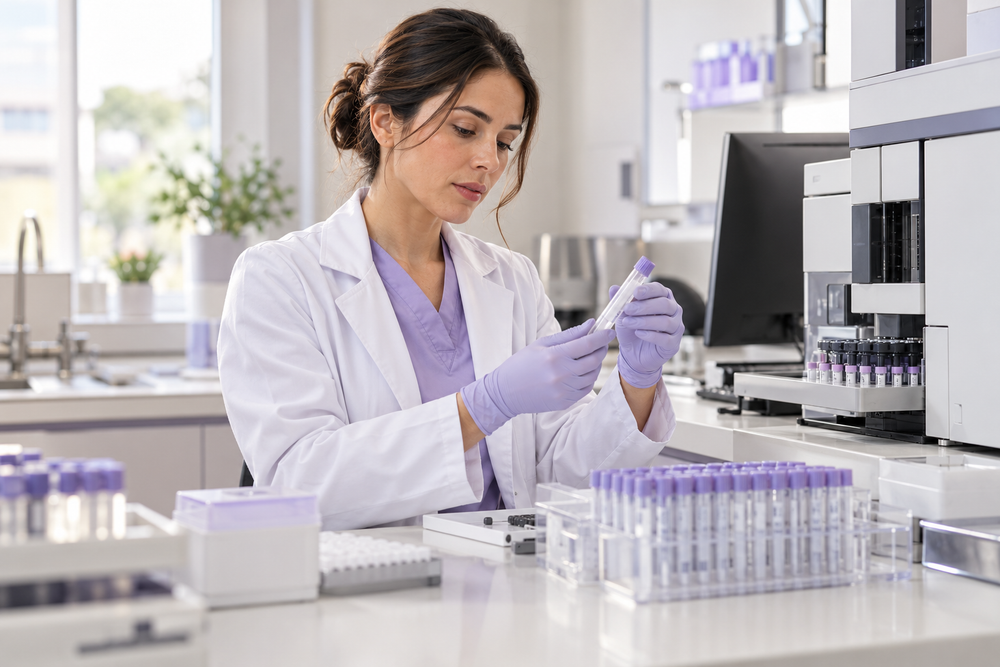 A laboratory scientist examining a sealed sample