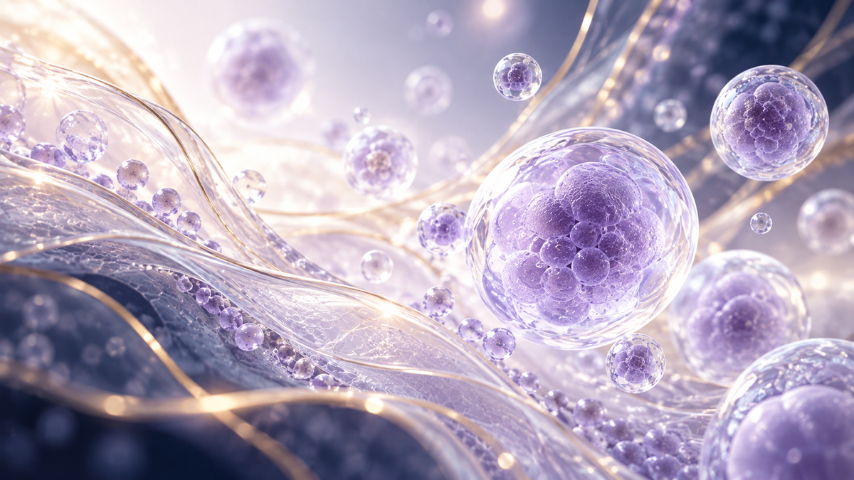 A 3D microscopic illustration featuring translucent, purple cellular spheres floating among flowing, glowing organic waves and fibers.