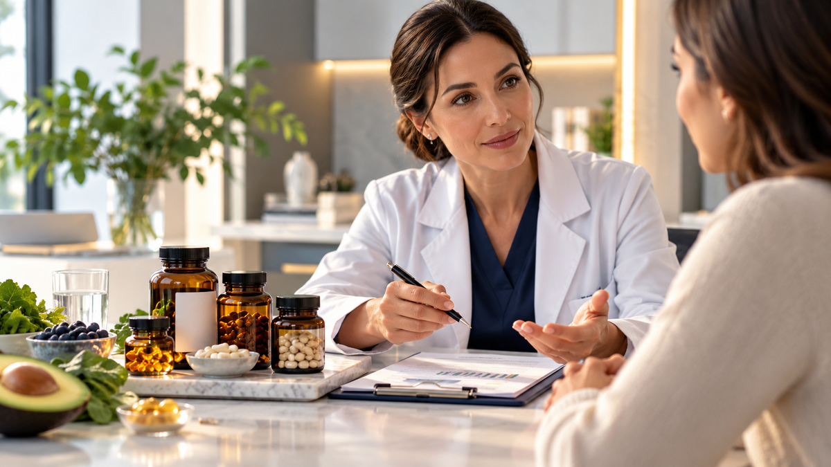 Illustrative nutritional consultation with supplement containers and fresh foods; not verified as actual clinic staff or facilities
