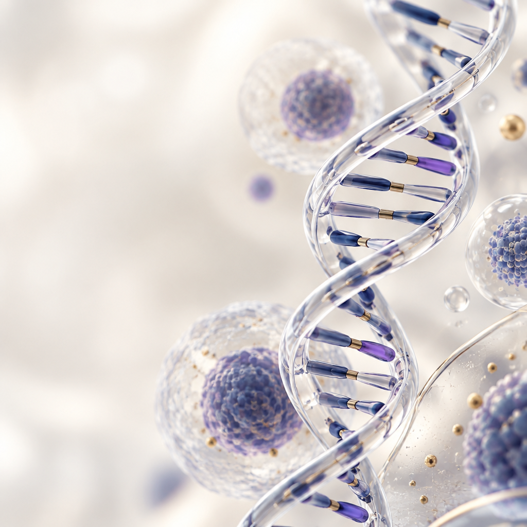 Illustration of a DNA double helix surrounded by cells
