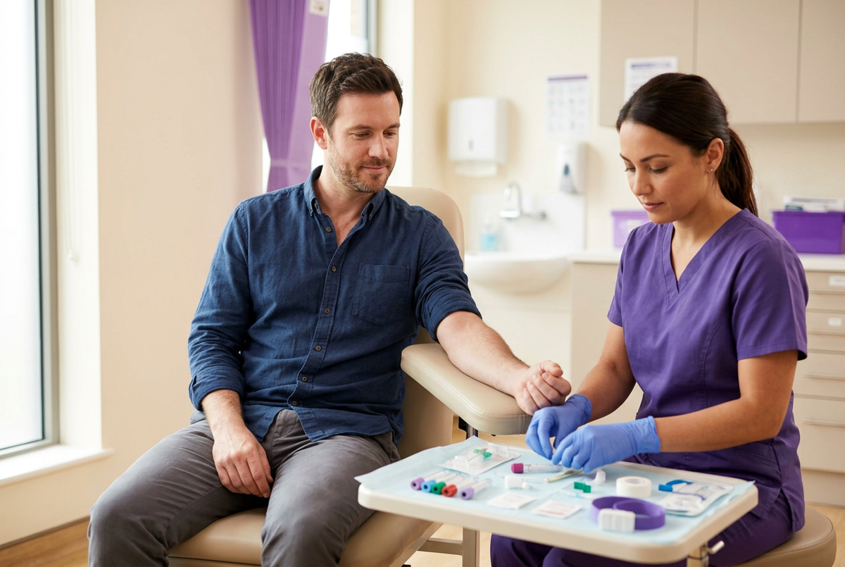 Illustrative scene of a nurse preparing sample collection beside a seated male patient.